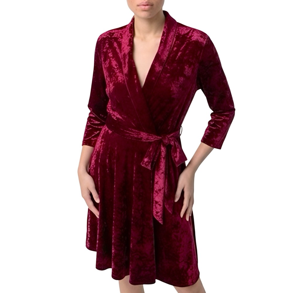 Masseys Women Burgundy Crushed Velvet Wrap Dress Shawl Collar 3/4 Sleeve‎ Red L